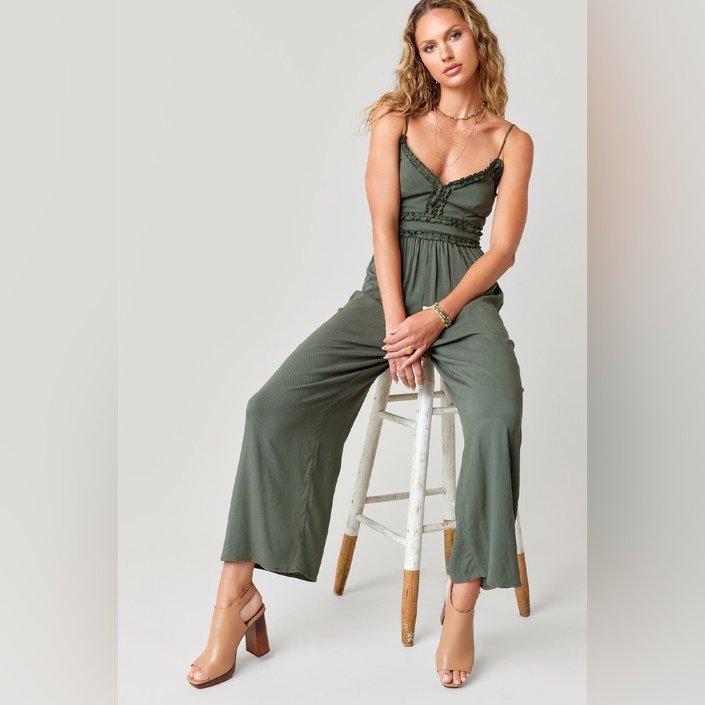 Altar'd State Olive Green Linen Ruffle Jumpsuit